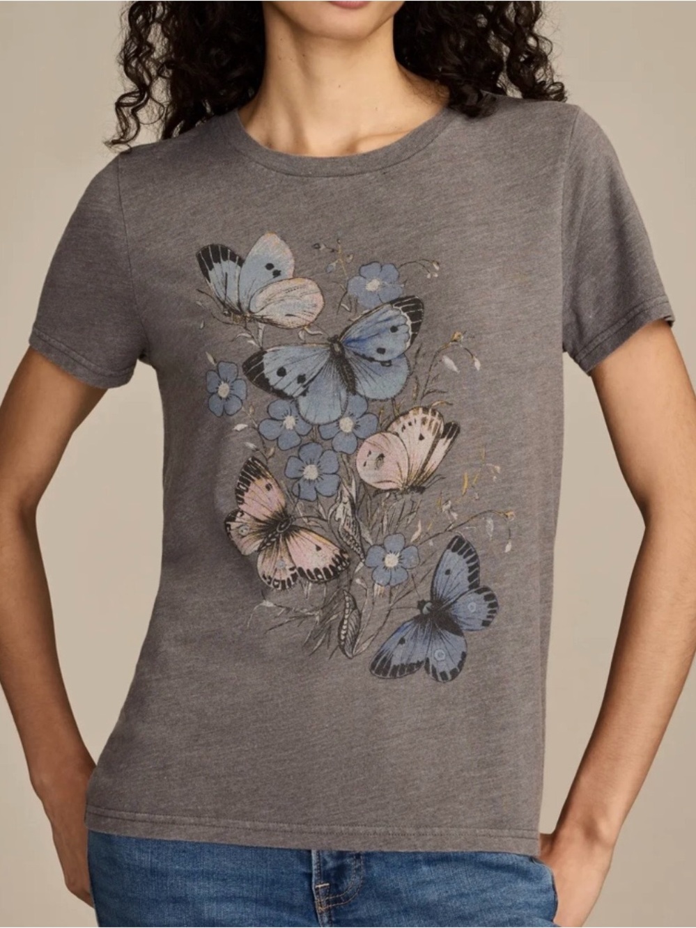 Lucky Brand Floral Butterfly Classic Crew Tee M Blue Fog Cotton